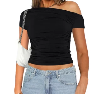 K-POP Style Solid Color Slash Shoulder Short Sleeve Top for Women | High Elasticity Fabric, Pleated Navel Reveal, Streetwear Fashion