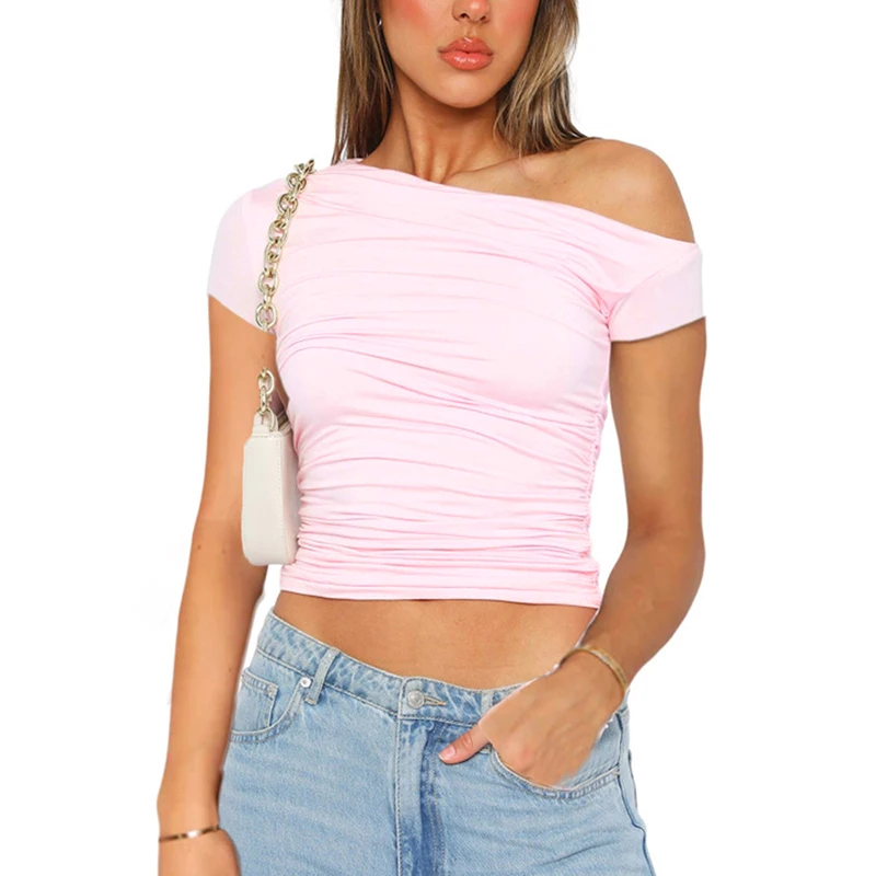 K-POP Style Solid Color Slash Shoulder Short Sleeve Top for Women | High Elasticity Fabric, Pleated Navel Reveal, Streetwear Fashion