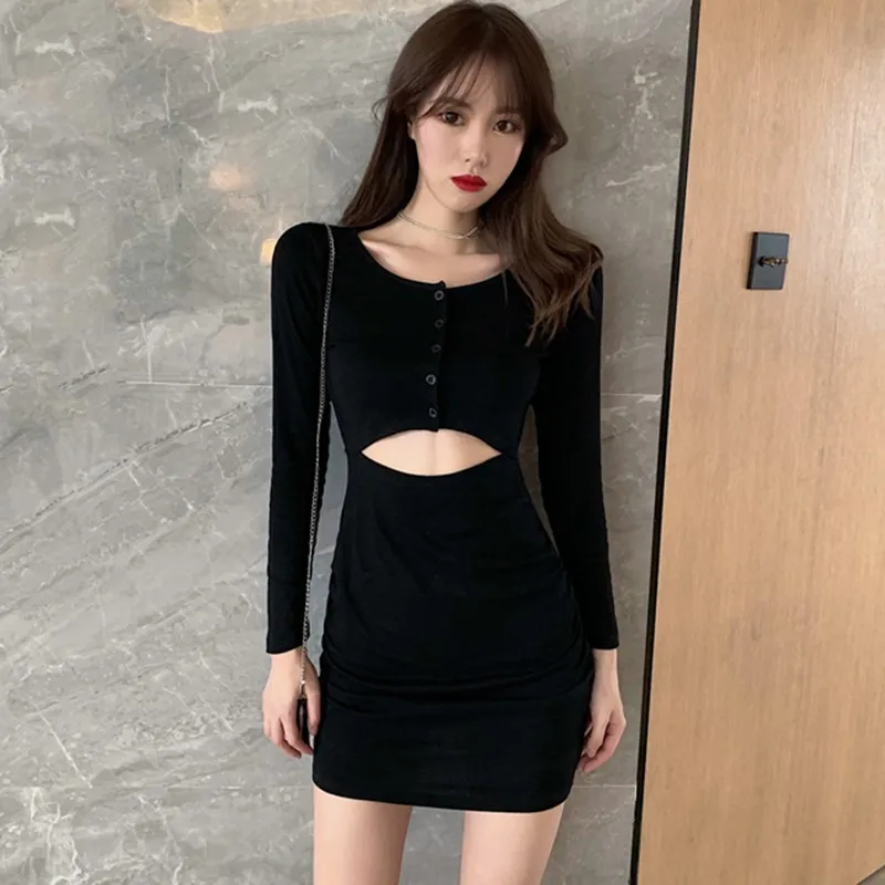 K-POP Style Spring Long Sleeve Dress | High Waist Pleated Solid Color Hip Wrap