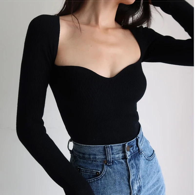 K-POP Style Square Collar Knit Pullover: Long Sleeve Crop Top for Women - Black & White Streetwear Fashion