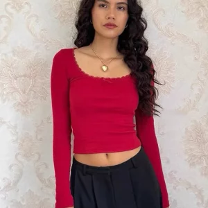 K-POP Style Square Collar Long Sleeve Crop Top for Women - Streetwear Fashion for Gen Z & Y2K