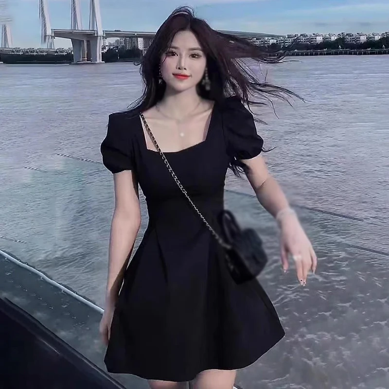 K-POP Style Square Neck Puff Sleeve Dress for Gen Z & Y2K Fashion