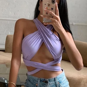 K-POP Style Strappy Cross Front Cut Out Halter Neck Crop Top