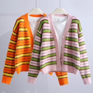 K-POP Style Striped Button-Up Cardigan Coat for Women | Warm Velvet Overcoat for Fall & Winter