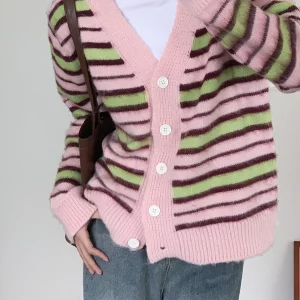 K-POP Style Striped Button-Up Cardigan Coat for Women | Warm Velvet Overcoat for Fall & Winter