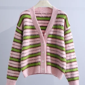 K-POP Style Striped Button-Up Cardigan Coat for Women | Warm Velvet Overcoat for Fall & Winter