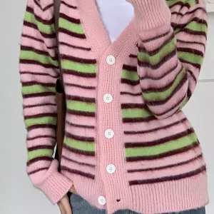 K-POP Style Striped Button-Up Cardigan Coat for Women | Warm Velvet Overcoat for Fall & Winter