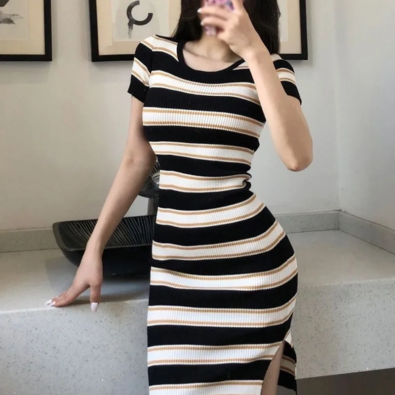 K-POP Style Striped Knit Dress | Short-sleeve O Neck Hip Wrap | Gen Z Y2K Fashion