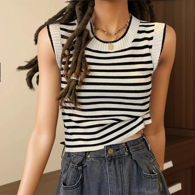 K-POP Style Striped Knit Tank Top | Sleeveless Streetwear Crop