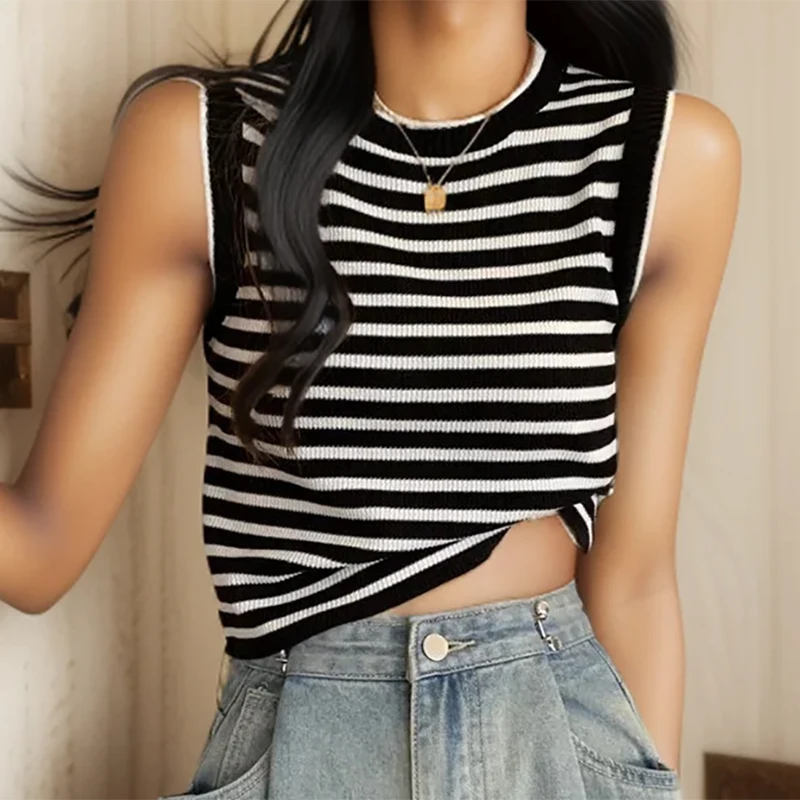 K-POP Style Striped Knit Tank Top | Sleeveless Streetwear Crop