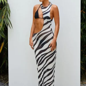 K-POP Style Striped Maxi Dress for Women | Sleeveless Hollow Out Summer Beach Outfit