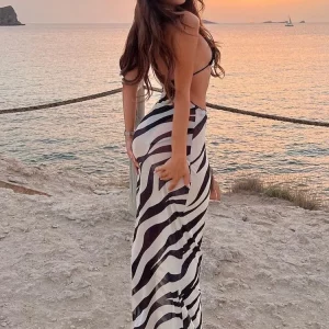 K-POP Style Striped Maxi Dress for Women | Sleeveless Hollow Out Summer Beach Outfit