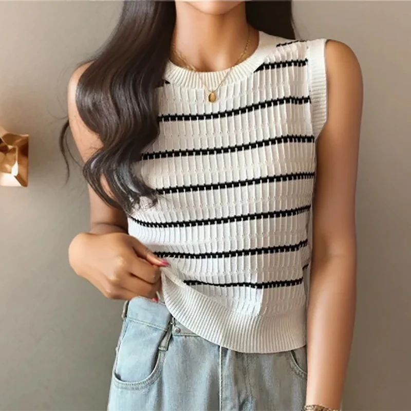 K-POP Style Striped Tank Top: Women's Summer Knitted Camisole