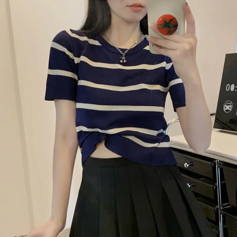 K-POP Style Summer Striped Knit Tee | Women's Streetwear Fashion