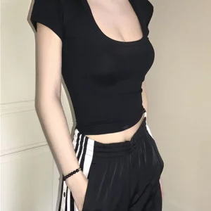 K-POP Style U-Neck Crop Top: Women's Casual High Waist T-Shirt for Gen Z & Y2K Fashion