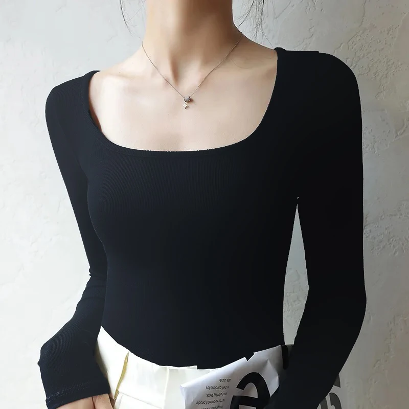 K-POP Style U Neck Long Sleeve Fleece Crop Top for Women | Korean Fashion Streetwear | Autumn Winter Black Slim Fit Tee