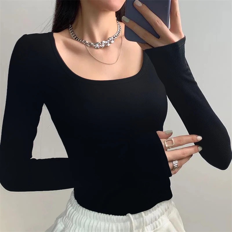 K-POP Style U Neck Long Sleeve Fleece Crop Top for Women | Korean Fashion Streetwear | Autumn Winter Black Slim Fit Tee