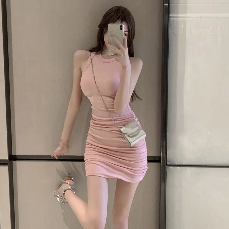 K-POP Style V-Neck Bodycon Dress for Gen Z & Y2K Fashion | Hip Wrap Solid Color Sleeveless Party Club Out