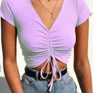 K-POP Style V-Neck Crop Top | Drawstring Tie Front Camis | Candy Colors Streetwear | Slim Fit Ribbed Tank