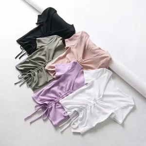 K-POP Style V-Neck Crop Top | Drawstring Tie Front Camis | Candy Colors Streetwear | Slim Fit Ribbed Tank