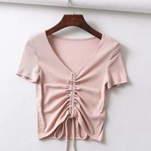 K-POP Style V-Neck Crop Top | Drawstring Tie Front Camis | Candy Colors Streetwear | Slim Fit Ribbed Tank