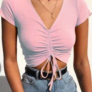 K-POP Style V-Neck Crop Top | Drawstring Tie Front Camis | Candy Colors Streetwear | Slim Fit Ribbed Tank