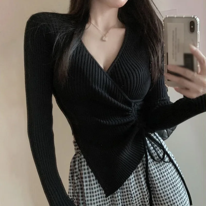 K-POP Style V-Neck Irregular Pullover Knit Top for Gen Z Women