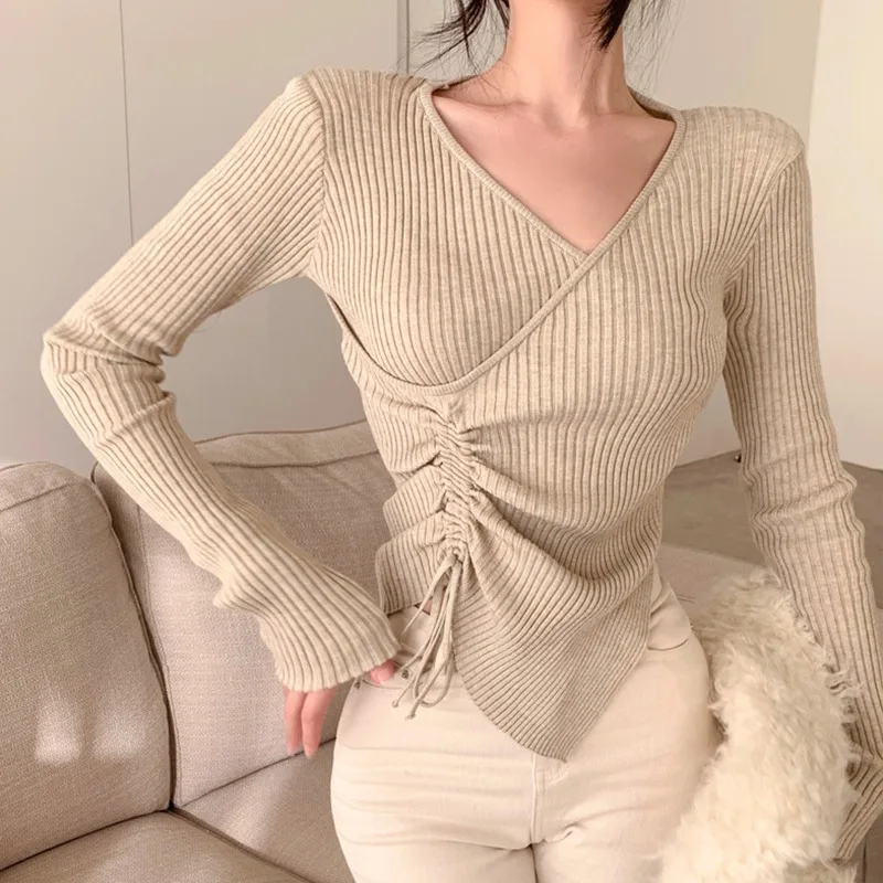 K-POP Style V-Neck Irregular Pullover Knit Top for Gen Z Women