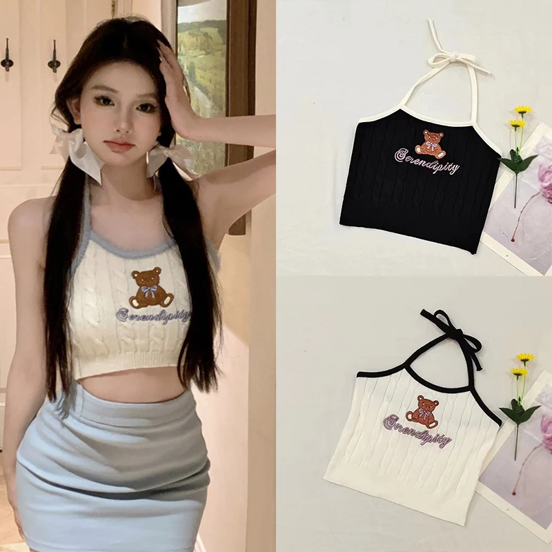 K-POP Style Women's Bear Embroidered Knit Tank Top | Korean Fashion Camisole