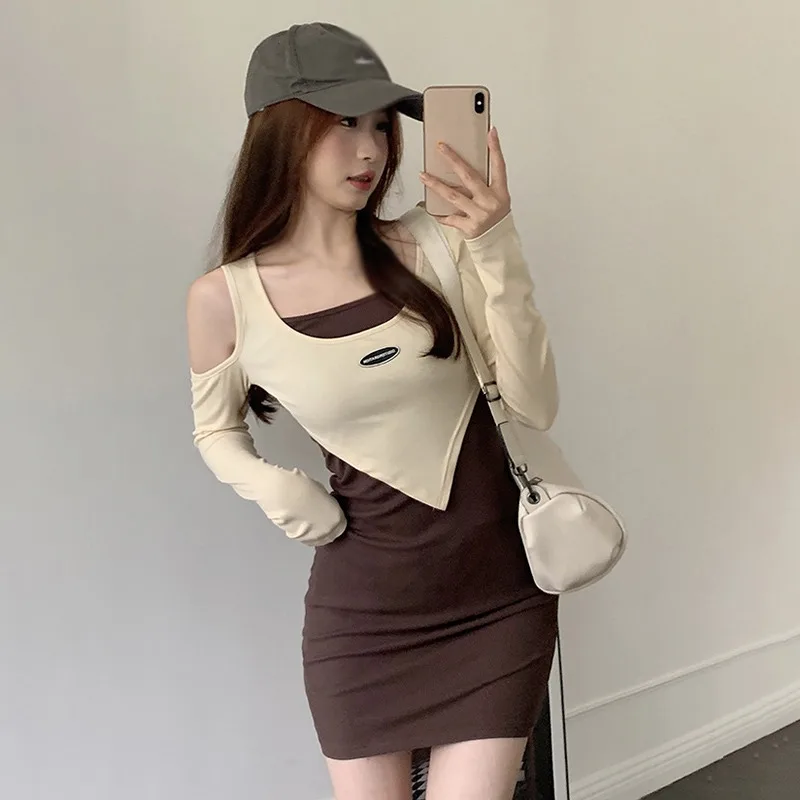 K-POP Style Women's Bodycon Dress | Off Shoulder Long Sleeve Color Block Hollow Out O Neck | Streetwear Fashion for Gen Z and Y