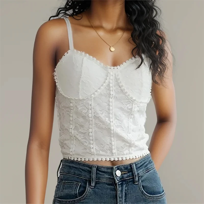 K-POP Style Women's Knitted Lace Crop Top | Backless Spaghetti Camis