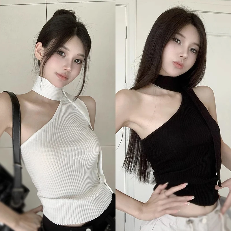 K-POP Style Women's Knitted Shoulder-Hanging Crop Top for Summer