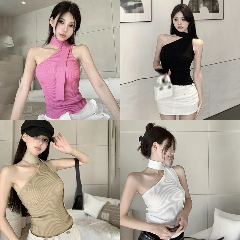 K-POP Style Women's Knitted Shoulder-Hanging Crop Top for Summer