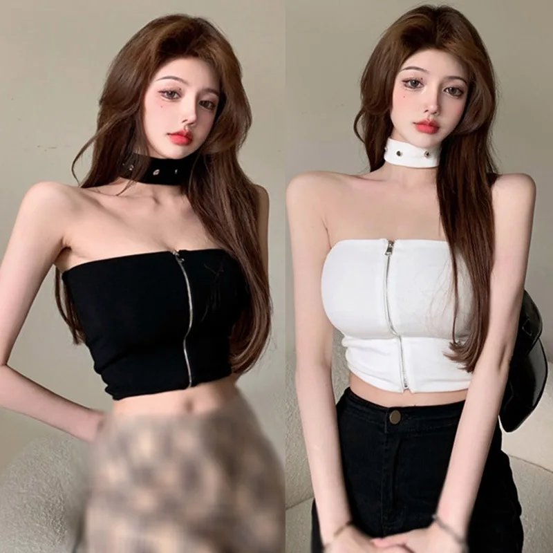 K-POP Style Women's Korean Zipper Tank Top with Strap Bra - Sexy Slim Fit Open Umbilical Top