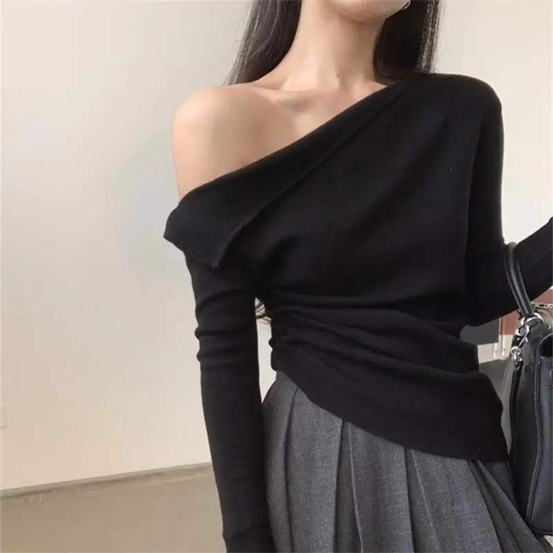 K-POP Style Women's Long Sleeve Off-Shoulder Top | Irregular Hem Slim Fit Shirt for Gen Z & Y2K Fashion |