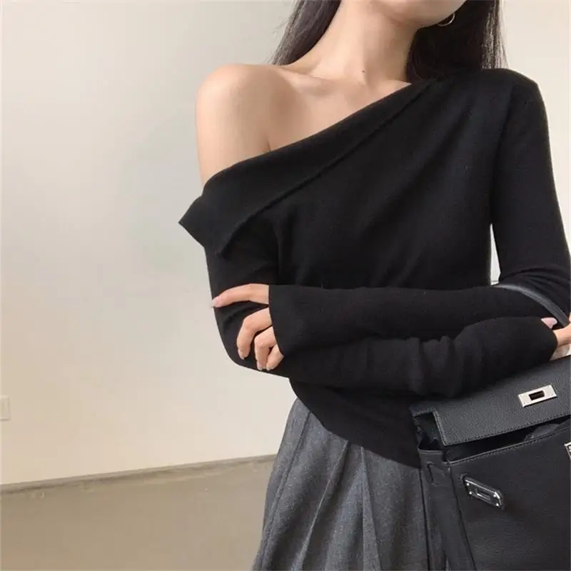 K-POP Style Women's Long Sleeve Off-Shoulder Top | Irregular Hem Slim Fit Shirt for Gen Z & Y2K Fashion |