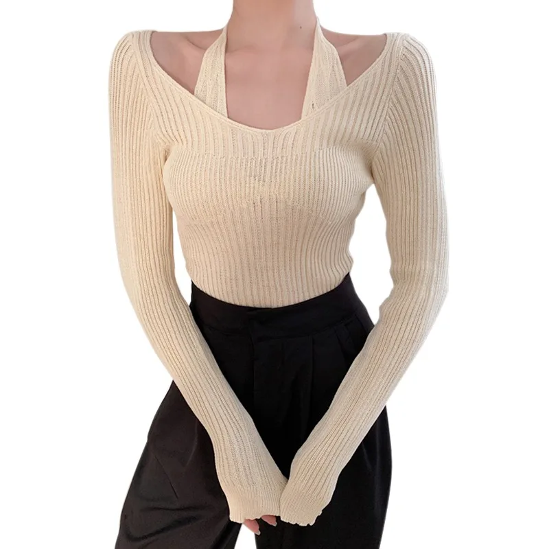 K-POP Style Women's Off-Shoulder Halter Neck Knit Sweater - Casual Streetwear Fashion