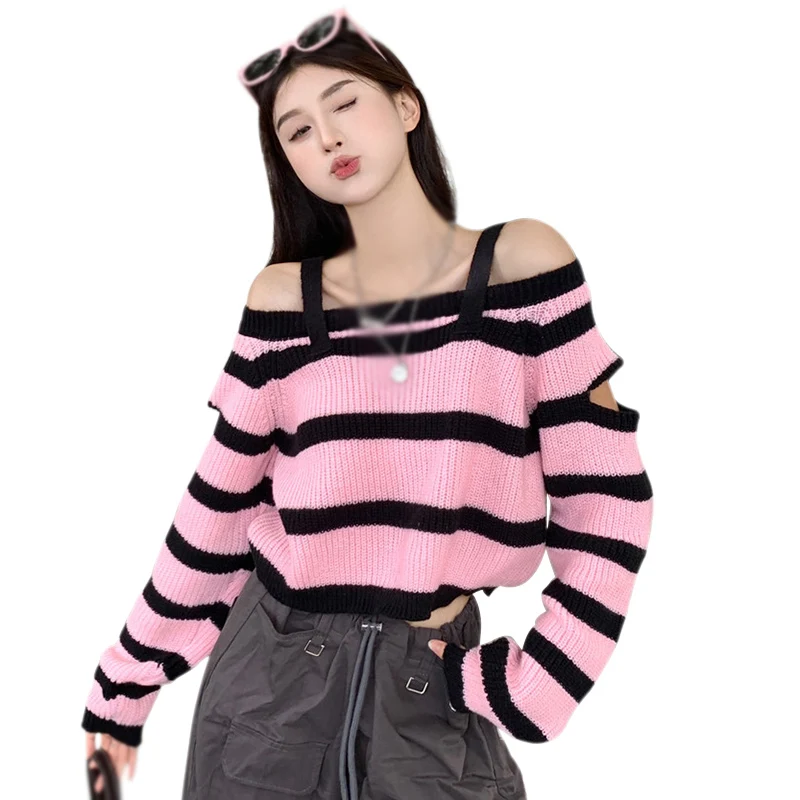 K-POP Style Women's Off-Shoulder Sweater with Contrasting Colors - Korean Fashion Loose Fit Casual Top