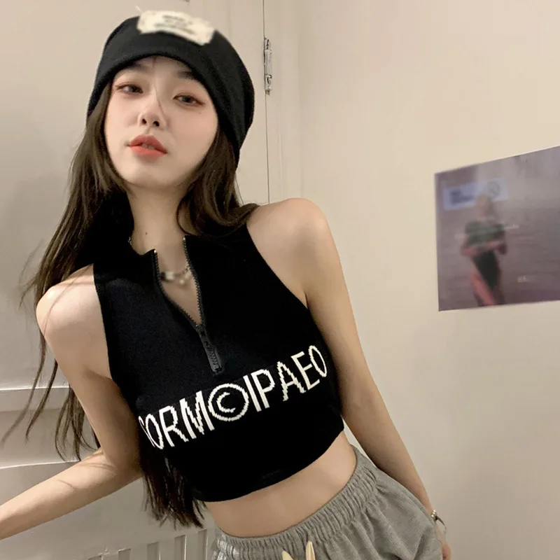 K-POP Style Women's Slim Fit Camisole with Letter Print Zipper