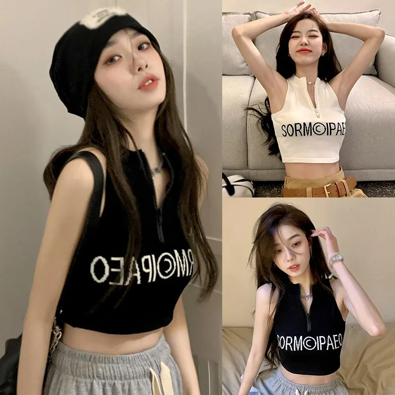 K-POP Style Women's Slim Fit Camisole with Letter Print Zipper