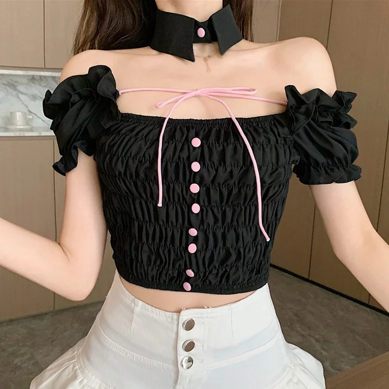 K-POP Style Women's Slim Fit Tie-Up T-Shirt with Sweet Lapel Detail