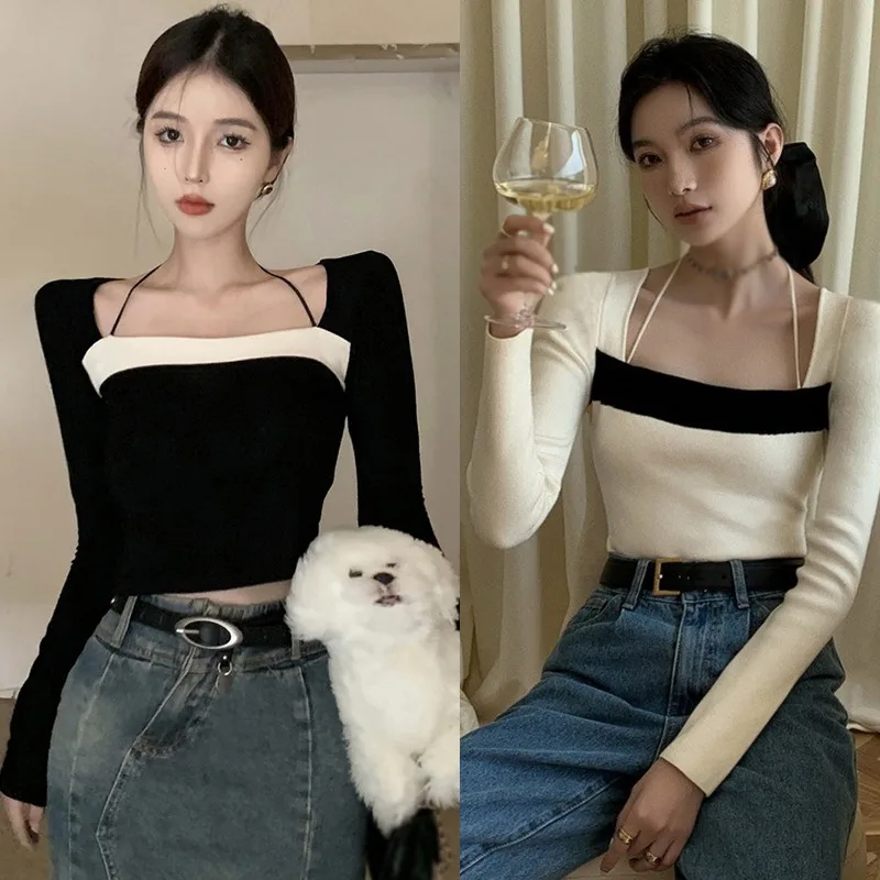 K-POP Style Women's Square Neck T-shirt: Slim Fit Contrast Fashion