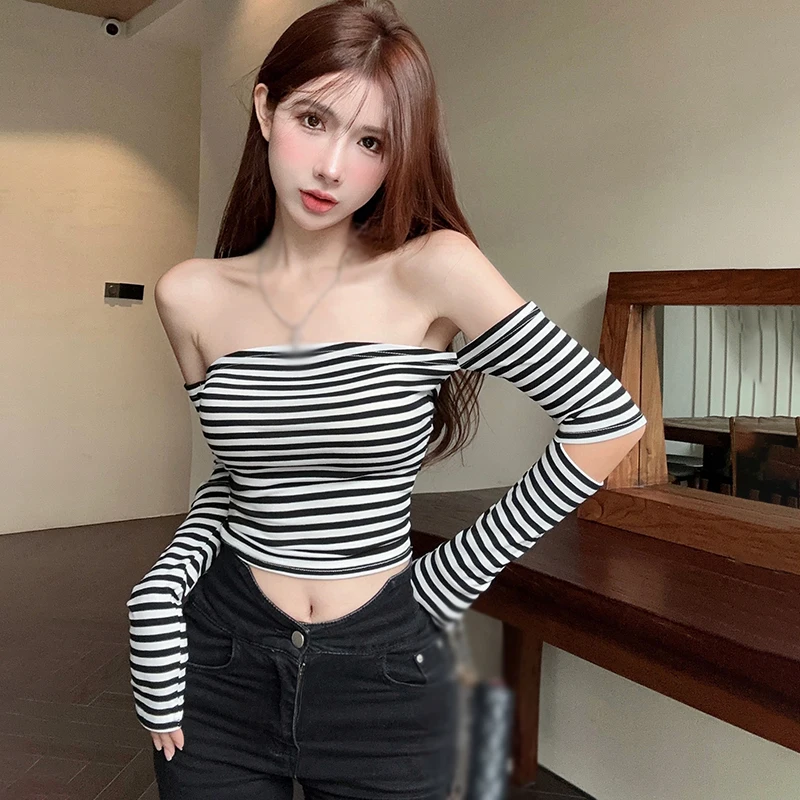 K-POP Style Women's Striped Crop Top | Korean Fashion Off-Shoulder Tee