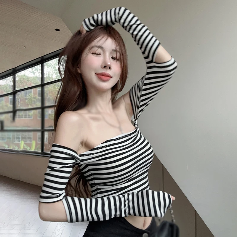 K-POP Style Women's Striped Crop Top | Korean Fashion Off-Shoulder Tee