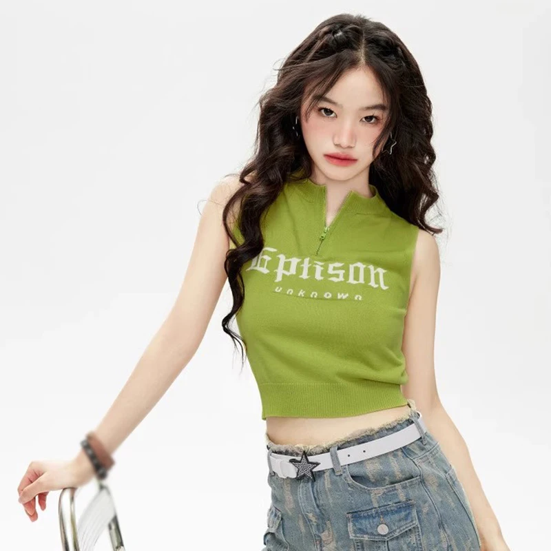 K-POP Style Women's Summer Letter Print Sleeveless Tank Top in Black