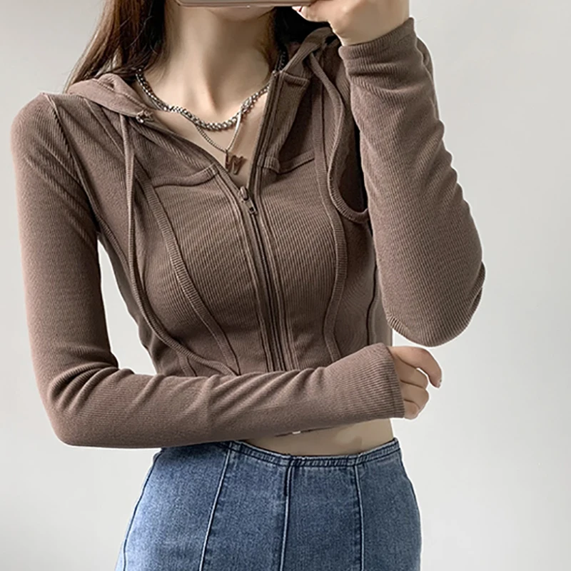 K-POP Style Zipper Hooded Crop Top for Women | Y2K Streetwear Fashion