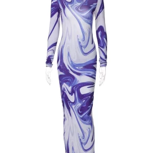 K-POP Tie Dye Long Sleeve Backless Maxi Dress | Y2K Streetwear