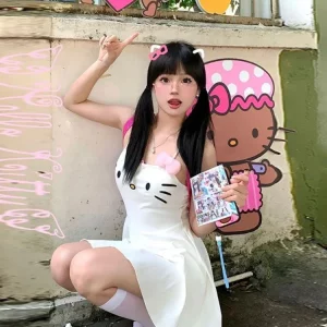 Kawaii Cat Face Embroidered White Mini Dress | Japanese Y2K Style for Gen Z & Y