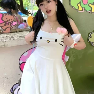 Kawaii Cat Face Embroidered White Mini Dress | Japanese Y2K Style for Gen Z & Y