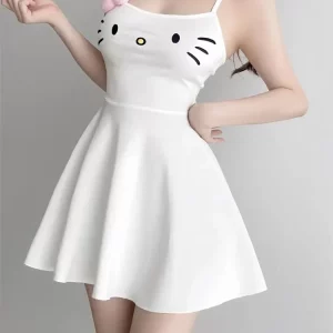 Kawaii Cat Face Embroidered White Mini Dress | Japanese Y2K Style for Gen Z & Y